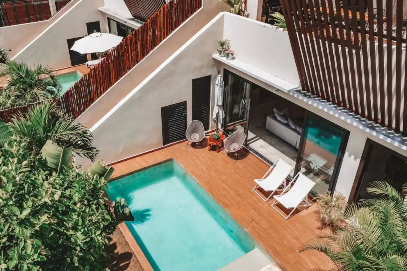 Pool and terrace of Villa Maya seen from above